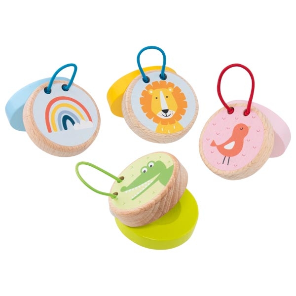 Nacchera in legno illustrata per bambini - Strumento di percussione e risveglio musicale