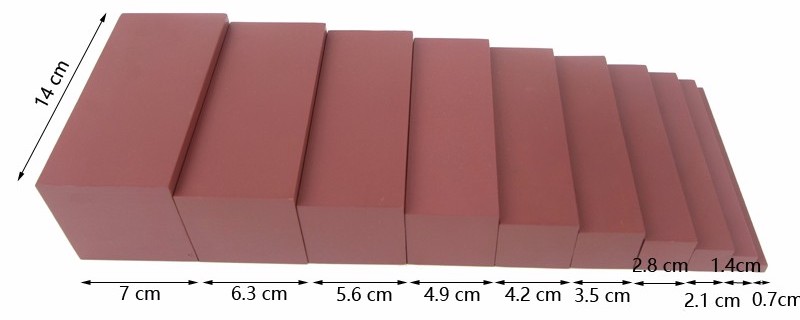 Gradazione della serie dei 10 prismi in legno della scala marrone Montessori