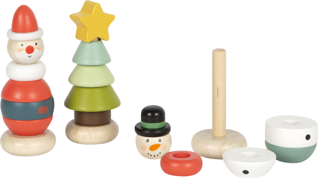 Piramide in legno di Natale da impilare - Babbo Natale, pupazzo di neve e albero
