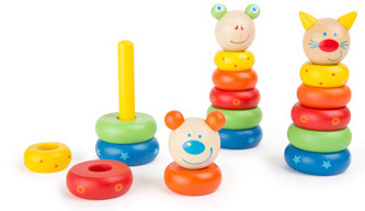 Torre di anelli impilabili in legno con animali colorati per bambini