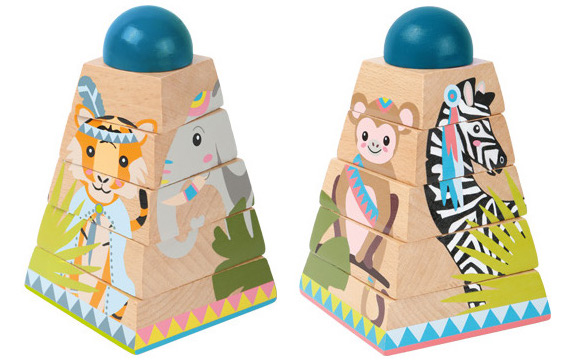 Jouet à empiler en bois - Reconstitution des animaux mayas sur les 4 faces de la pyramide