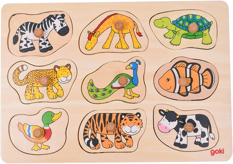 Wooden Montessori Knob Puzzle – 9 Animals with Hidden Patterns